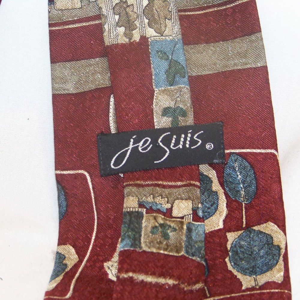 Je Suis 100% Silk Red Gold Blue Floral Leaf 58” Long Necktie